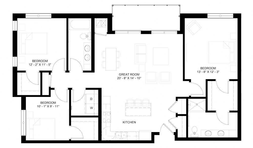 Floor plan for 3 beds, 2 baths, 1435 sqft
